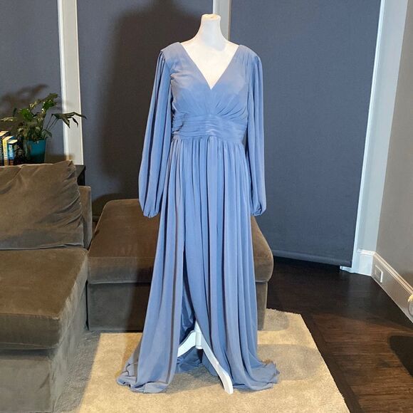 Women’s V-Neck Chiffon Full Length Bridesmaid Dress Corset Back Leg Slit Size 14 - Picture 3 of 13